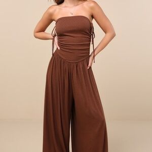 Lulus Halloran Chocolate Brown Pointelle Strapless Wide-leg Jumpsuit - Size XS
